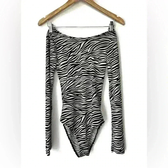 H&M Womens Sheer Black and White Zebra Animal Print Long Sleeve Bodysuit XS - Picture 1 of 11
